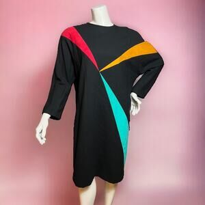 VINTAGE 80s Lilli Ann Rare Multicolor Shift Dress New Wave Knee Length Size 16